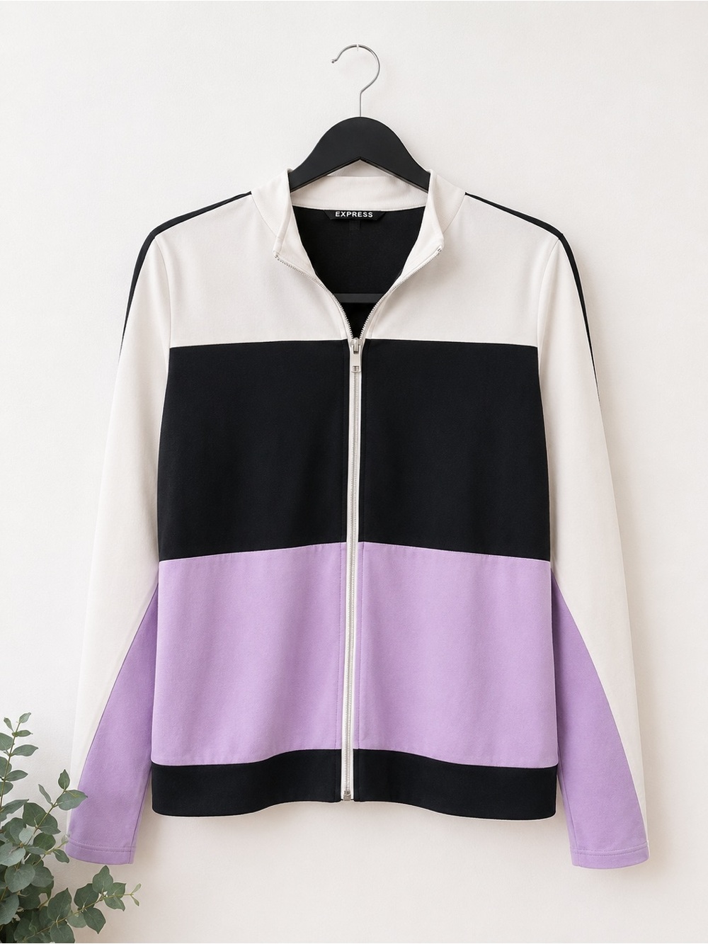 SHEIN Colorblock Zip-Front Jacket — White, Black & Lavender Large L
